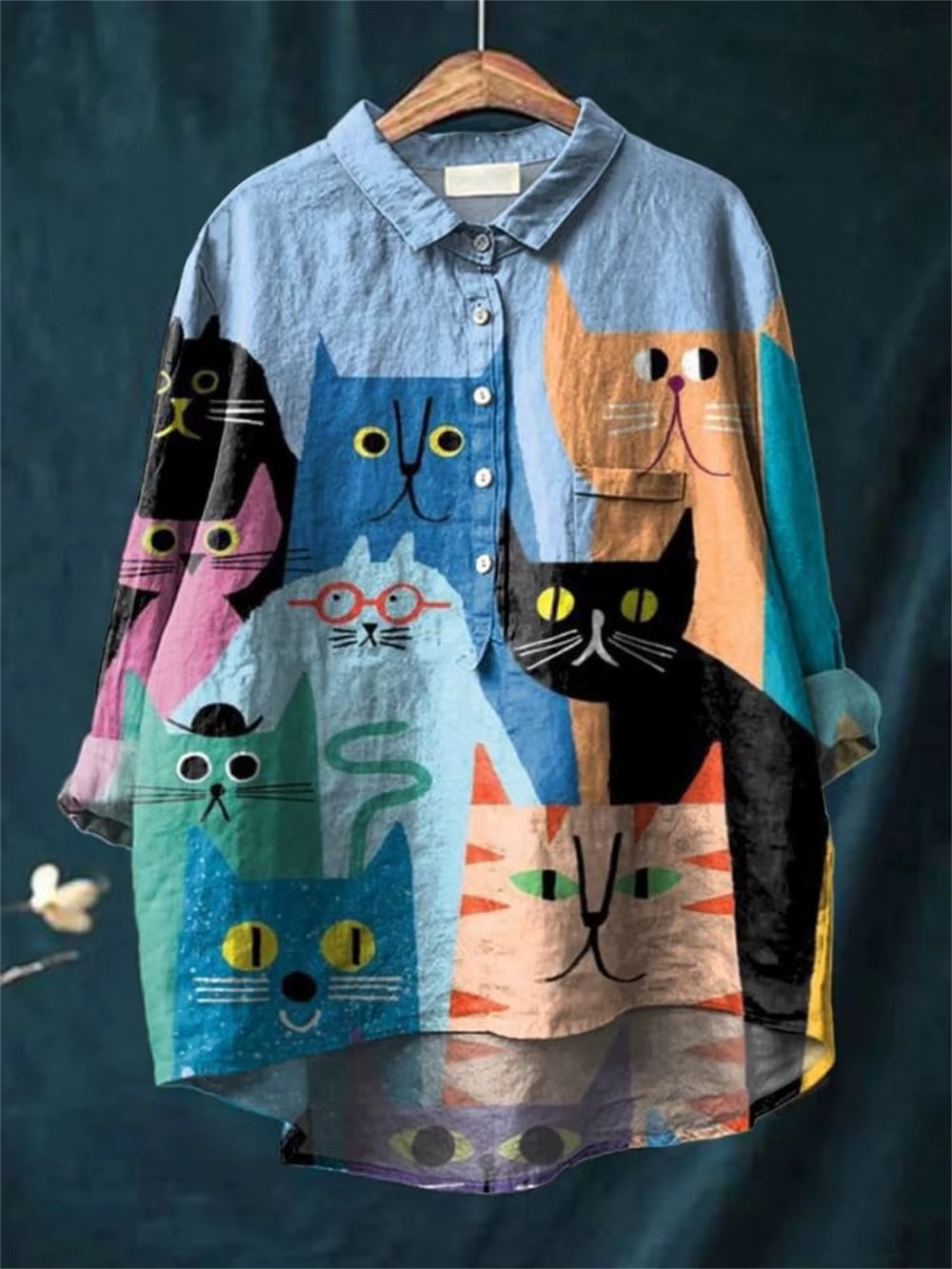 Elara | Artistic Cat & Dog Print Women's Casual Blouse