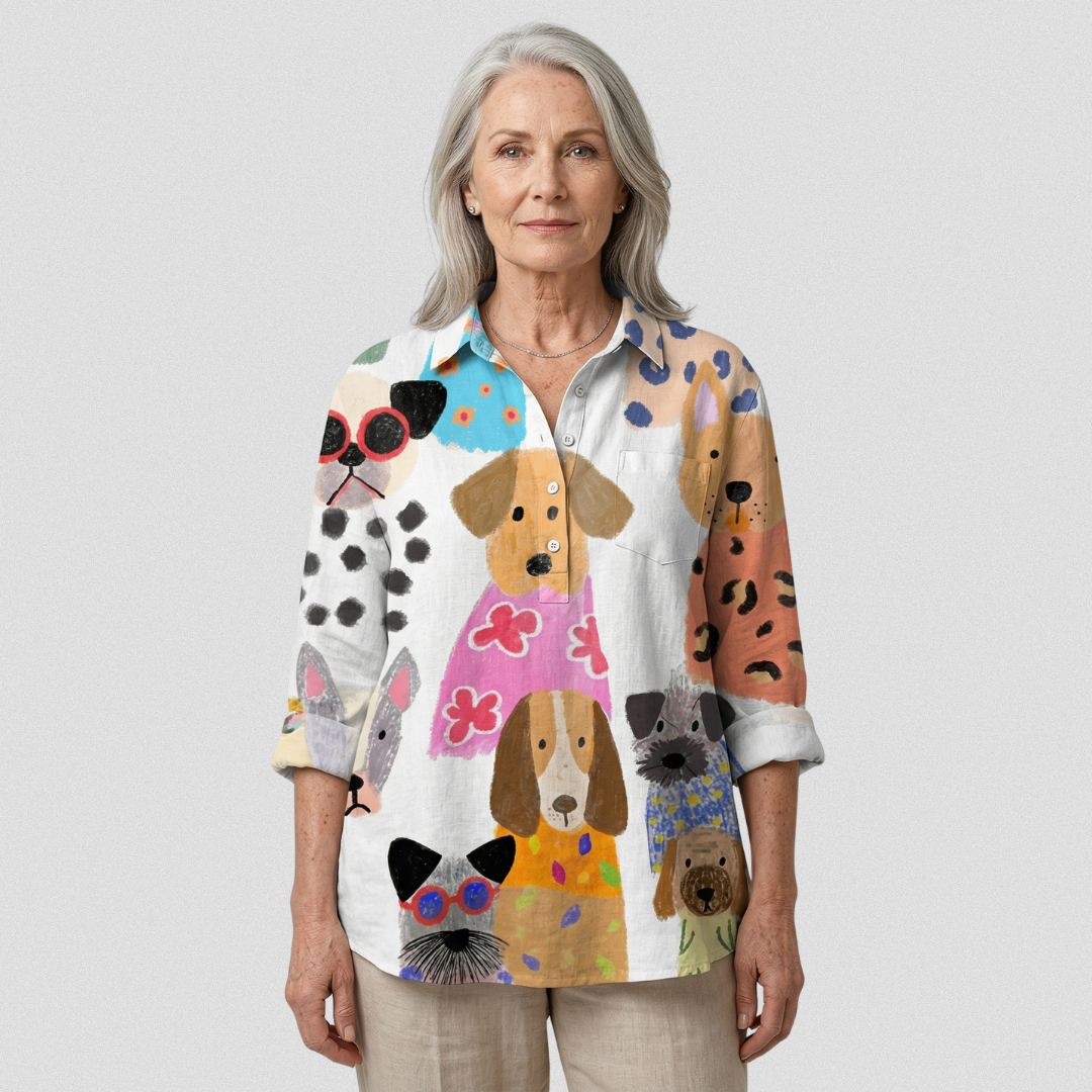 Brigitte | Women's Colorful Fun Cartoon Puppy Print Casual  Shirt